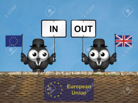 53262447-Comical-bird-campaigners-for-the-United-Kingdom-in-or-out-European-Union-referendum-perched-on-a-roo-Stock-Photo